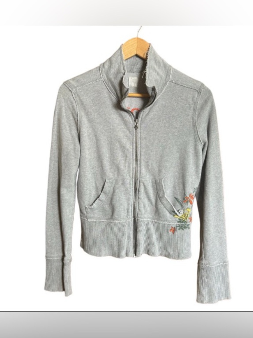 Vintage Roxy Zip Up Sweatshirt Embroidered Flowers Long Cuffs Womens Sz Small